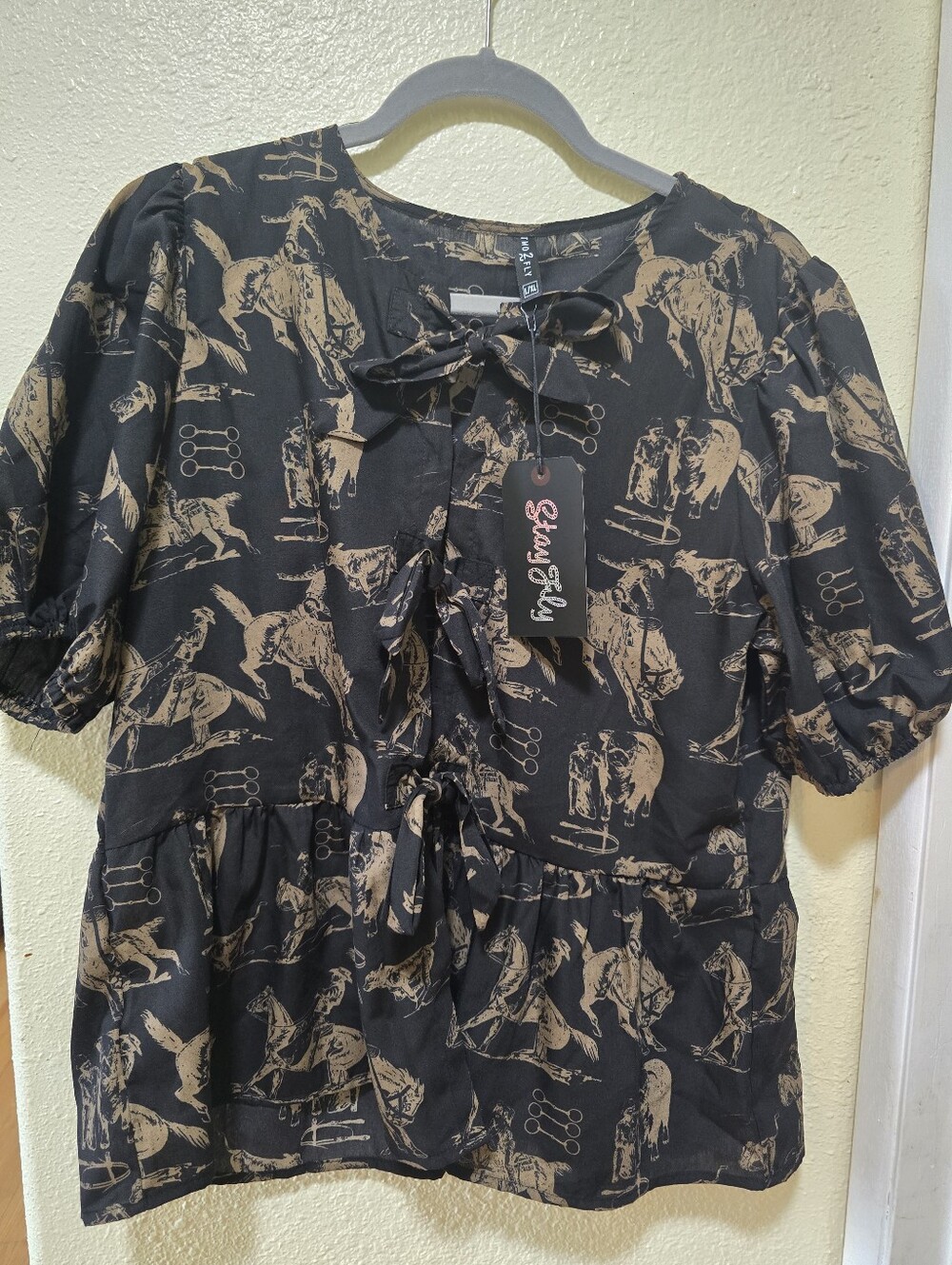2 Fly Black Equestrian Print Tie-Front Peplum Top